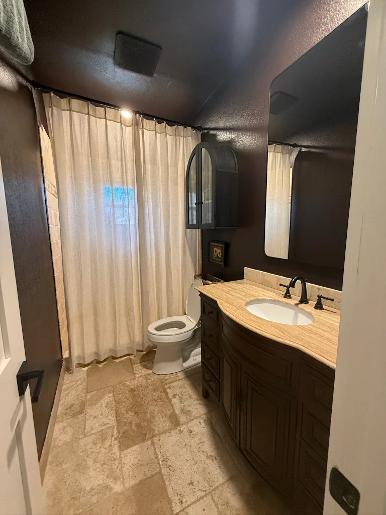 A modern bathroom featuring a curved vanity with a sink, a toilet, and a shower area with a curtain. The walls are painted dark, and there is a decorative mirror and storage cabinet.