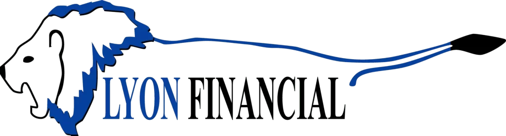 Logo of Lyon Financial featuring a lion's head in blue and the company name in black.